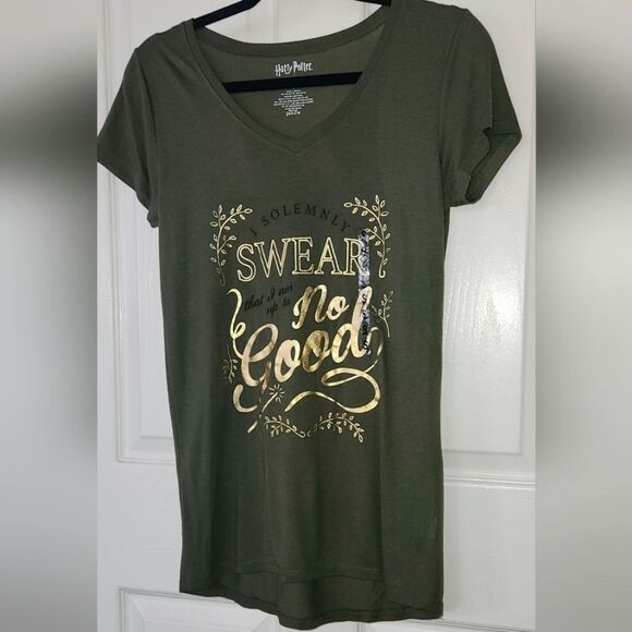 NWT HARRY POTTER T-Shirt Olive with Metallic Gold lettering size Large - Picture 4 of 8